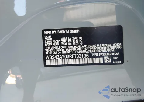 2024 BMW M3 Competition xDrive z USA, uszkodzony, nr VIN WBS43AY03RFT33136